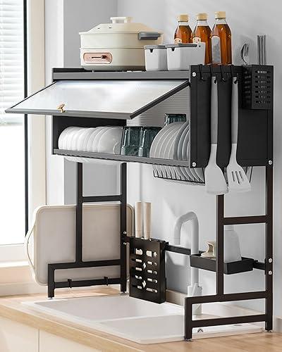 Escurridor de platos, escurridor de platos de 3 niveles sobre el fregadero, estante de platos sobre el fregadero de 33.5 pulgadas para cocina pequeña, estante de platos que ahorra espacio con - Color Negro