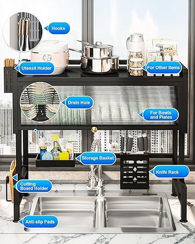 Escurridor de platos, escurridor de platos de 3 niveles sobre el fregadero, estante de platos sobre el fregadero de 33.5 pulgadas para cocina pequeña, estante de platos que ahorra espacio con - Color Negro