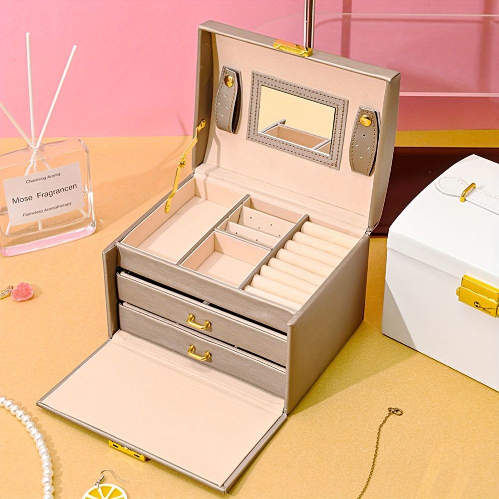 Joyero rosa con cajón de 3 capas con organizador de espejo para mujeres y niñas, soporte de almacenamiento de joyas para aretes y anillos/551