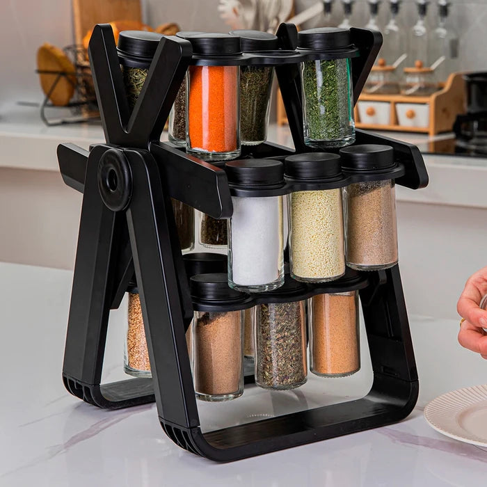 Set de 18 Especieros con Base Giratoria Vertical 360°, Frascos de Vidrio de 100ml c/u